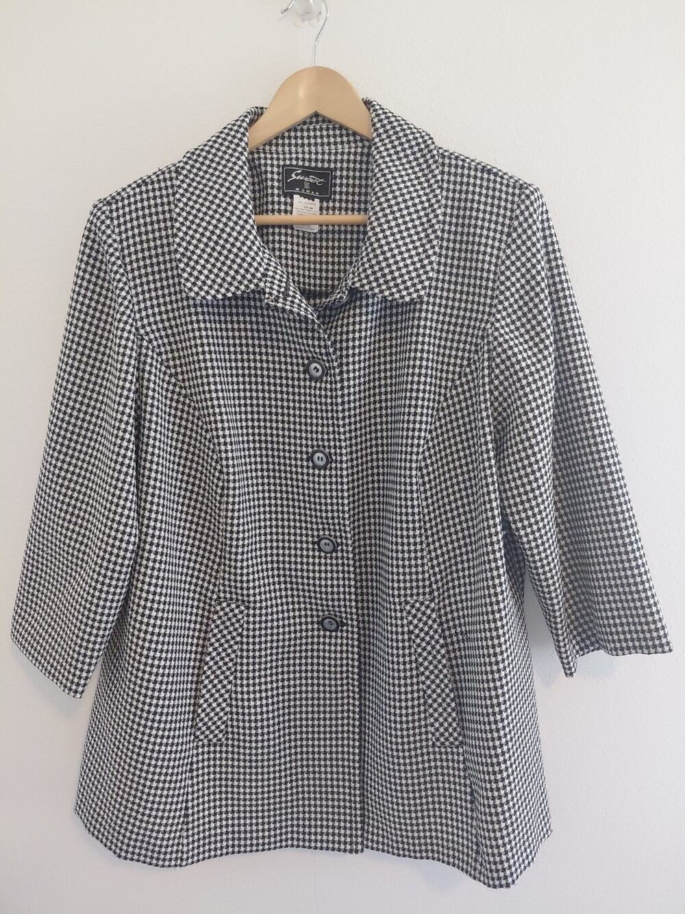 True Vintage Jacket Womens X XL Swing Button Up Coat Houndstooth Lagenlook Black